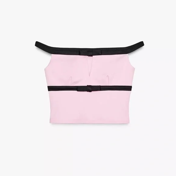 NWT Zara TIE FRONT CROP TOP Pink Black Bow Off The Shoulder Top Size Small - Picture 7 of 13